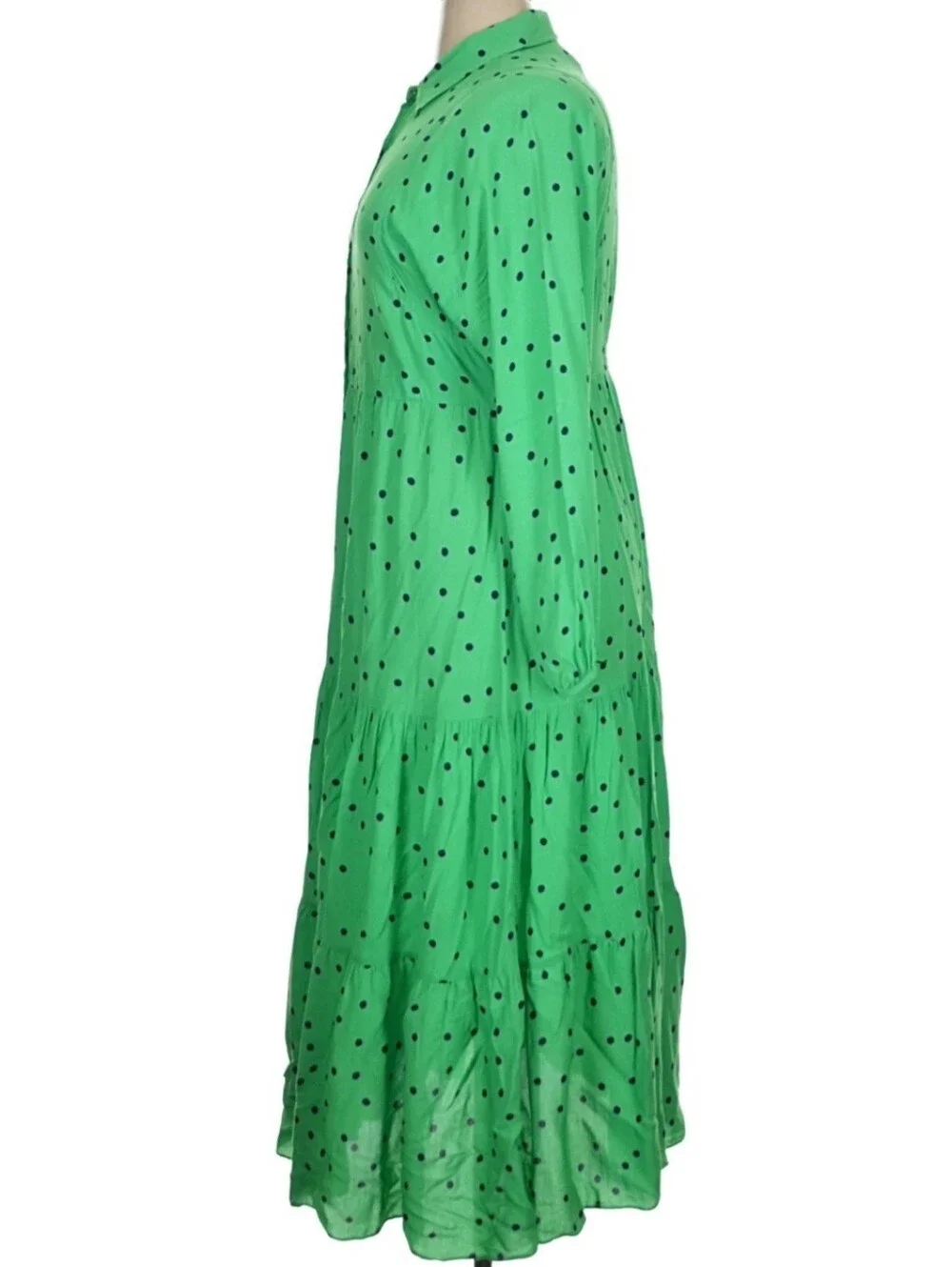 Mint Velvet maxi dress polka dot, ruffled layers, button-front, long sleeve